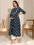 Teal Cotton Floral Fit & Flare Kurta